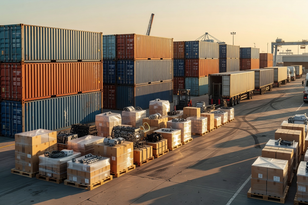 Cargo containers and goods staged for supply-chain movement