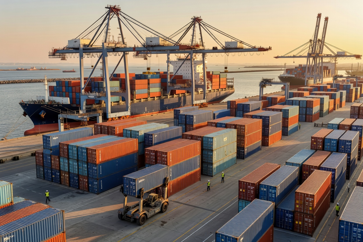 Container terminal with stacked freight containers ready for transfer