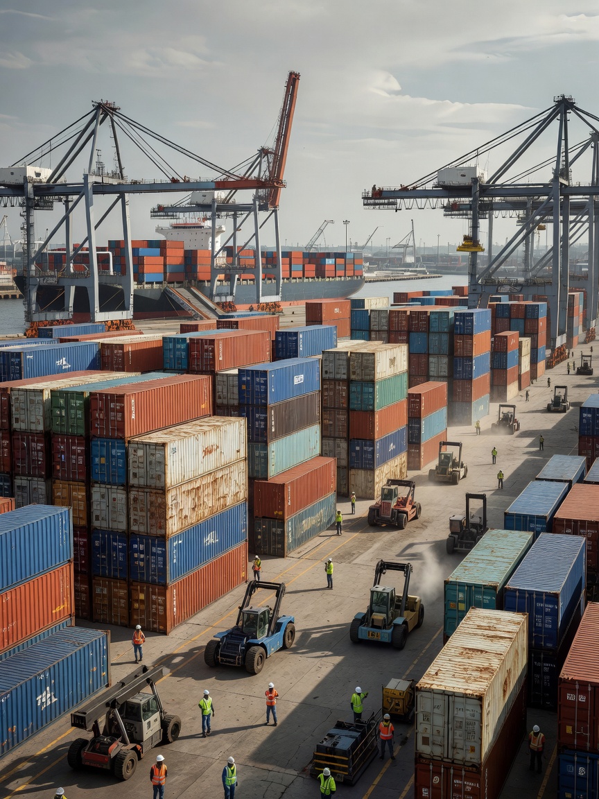 Freight containers at a busy logistics terminal