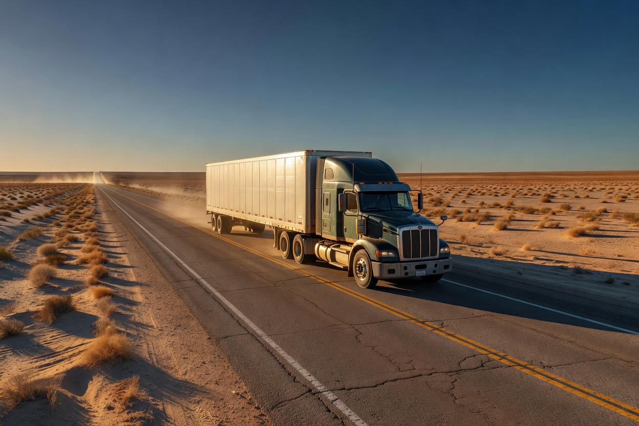 Freight truck moving along an open highway