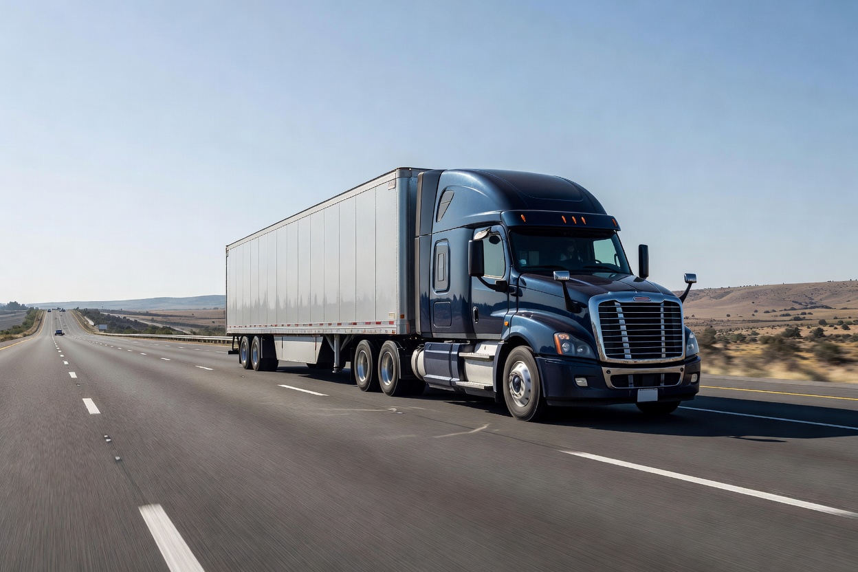 Freight truck travelling along a highway in daylight