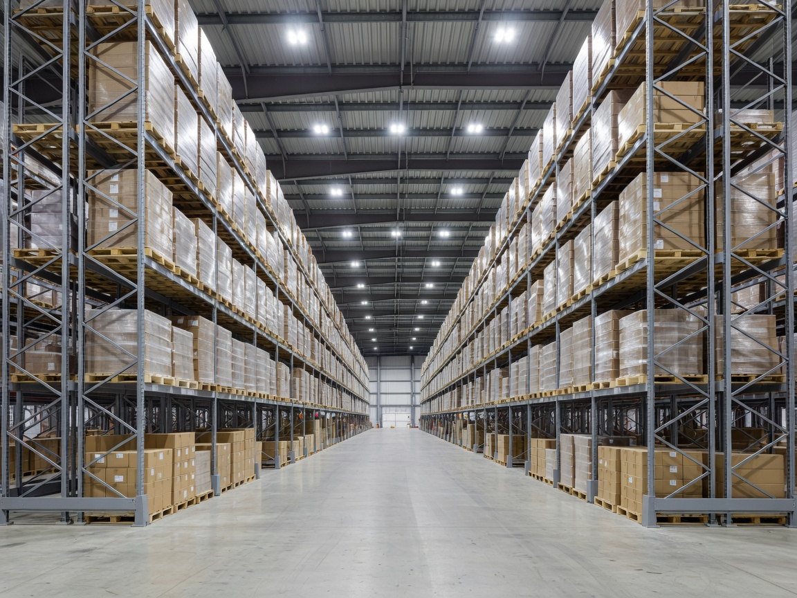 High-bay distribution centre with tall pallet racks and a clear central aisle