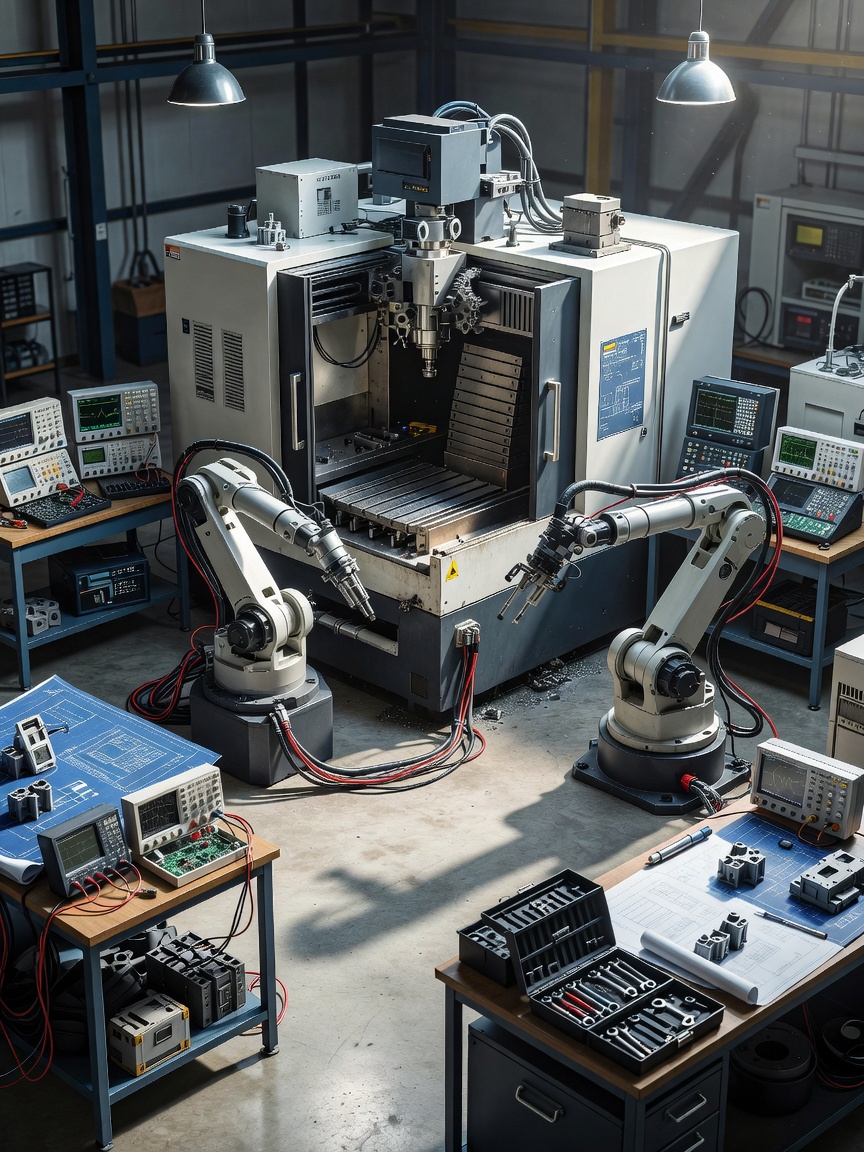 Industrial engineering workspace with machinery and technical equipment