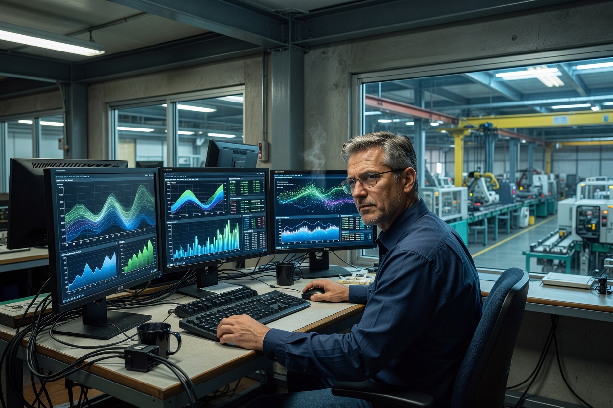 Operations professional reviewing industrial data at a workstation