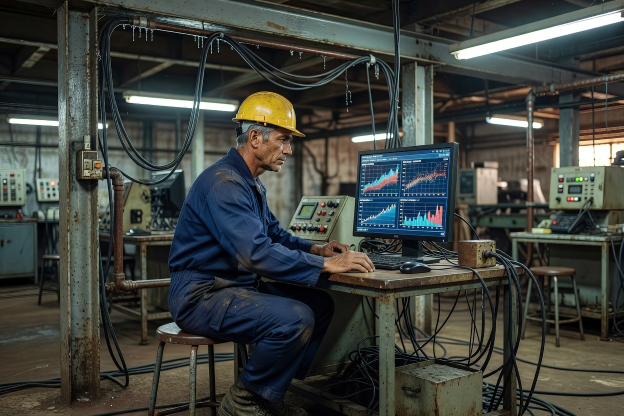 Operations worker examining data at a computer in an industrial environment