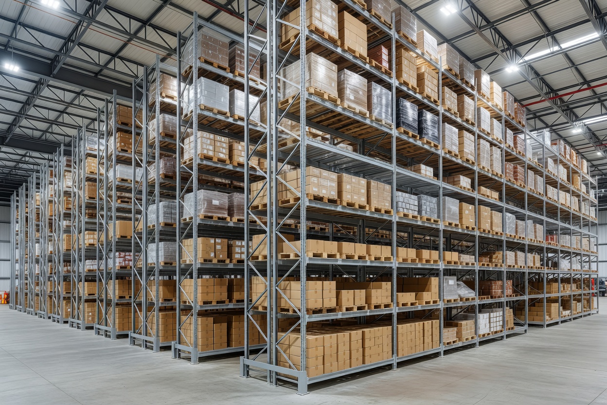 Organised warehouse inventory in tall storage racks