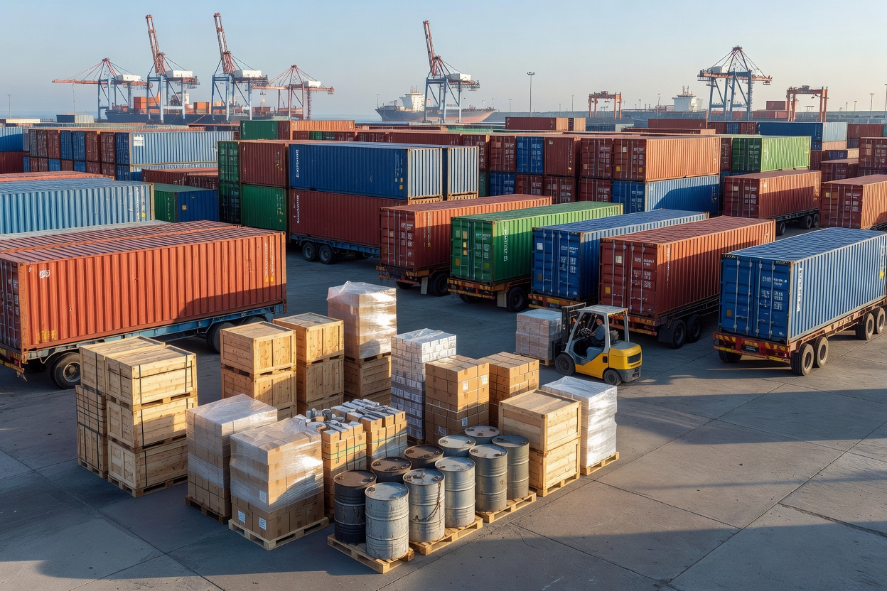 Shipping containers and freight goods arranged for transport
