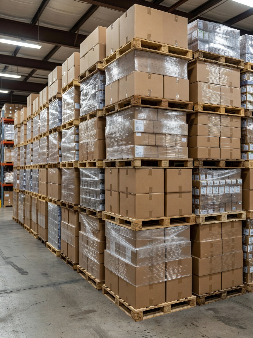 Stacked goods prepared for warehouse storage and distribution