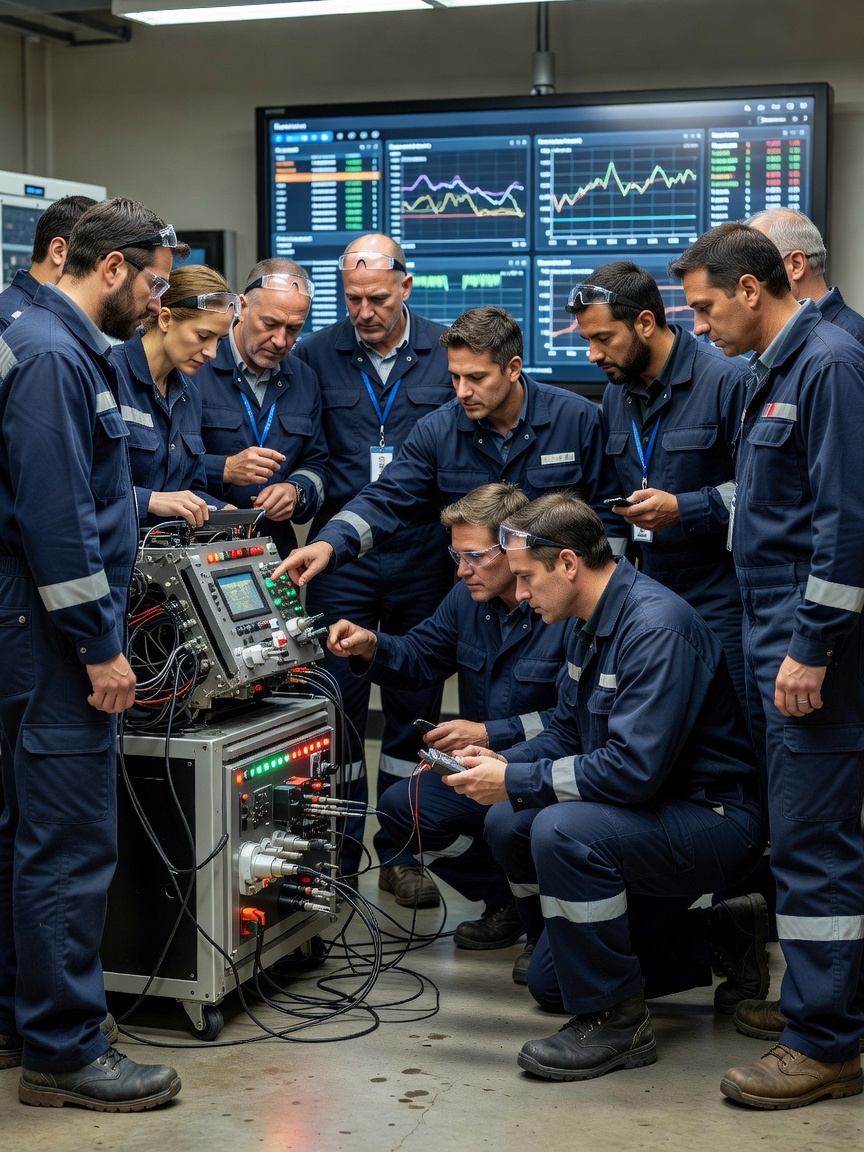 Technical staff collaborating around equipment and operational information