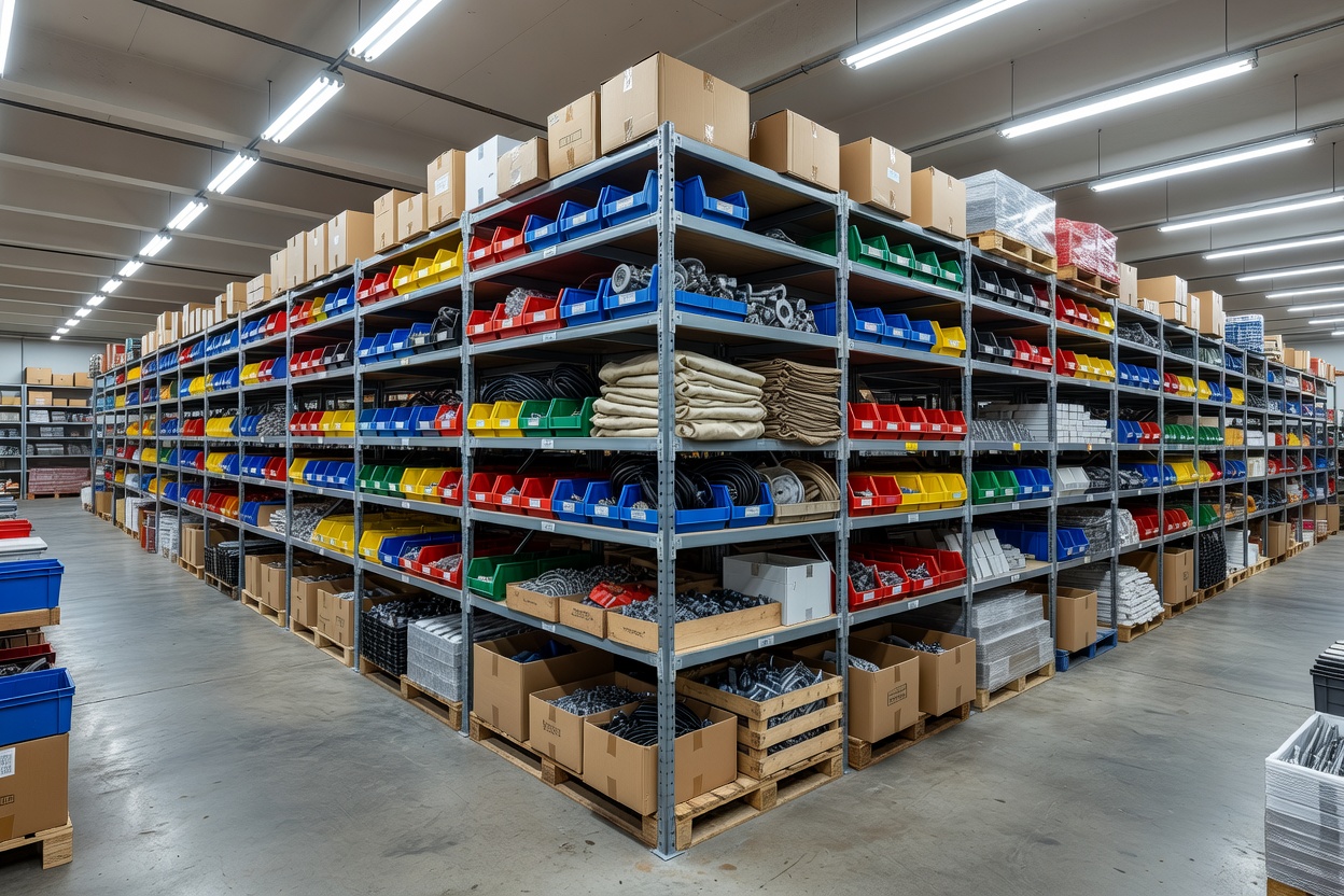 Warehouse inventory arranged in labelled storage locations