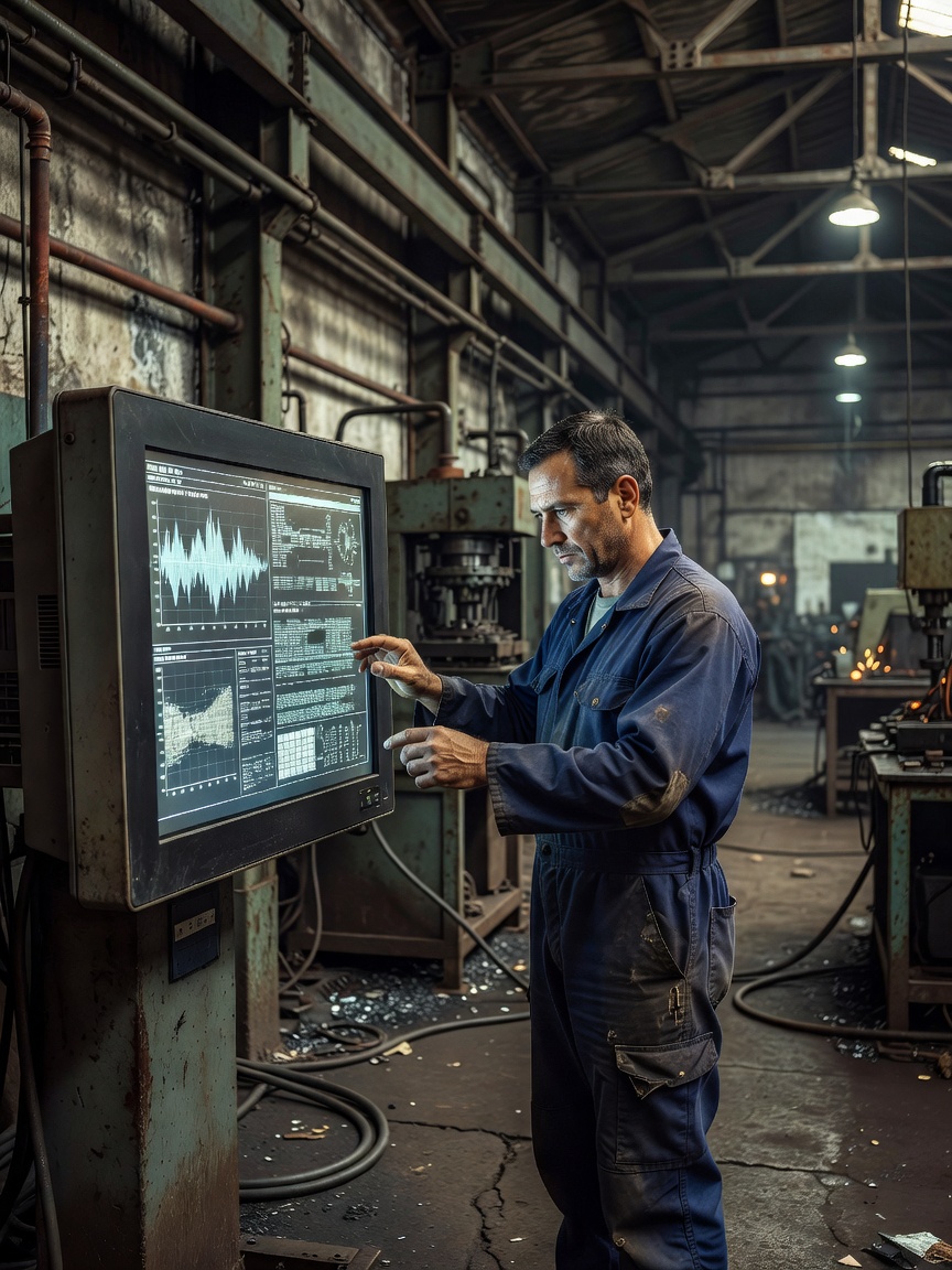 Worker reviewing information on a screen in an industrial setting